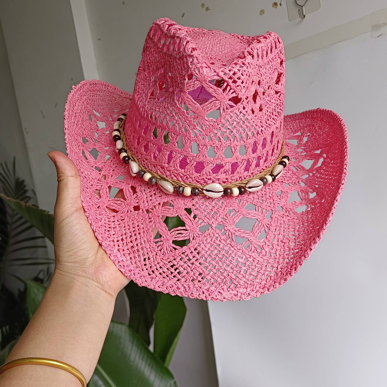 Pink Cowboy straw hat  hollow  - مراجعة Paper Straw Color وسعره